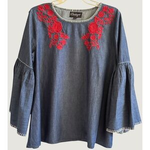 B Boutique Blue Denim Blouse L Floral Embroidered Bell Sleeve Boho Lagenlook EUC